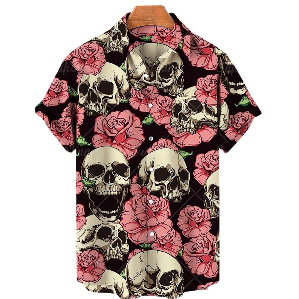 Breathable Lightweight Pink Rose Skull Hawaiian Shirt | Bone